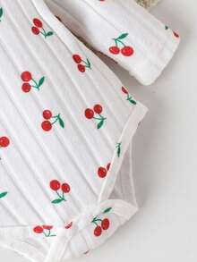 2件套女婴可爱柔软樱桃图案长袖连体衣+红色裤子套装，秋冬季 - 紅色 - 查看 6