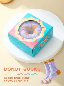 1 Pair Multicolor Mid-Calf Gift Socks, Unisex Couples Gift Box, Soft Donut Design Novelty Socks, Imaginative Food-Inspired Creative Design, Comfortable & Versatile, Suitable For Birthday, Valentine's Day, Easter, Ramadan, Date, Family Gathering, Party, Holiday - Multicolor - View 2
