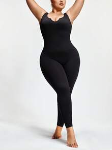 Plus Size Women Seamless Sleeveless Long Jumpsuit, Heart Neck Design, Tummy Control Lift Butt Waist Shaper, Breathable Fabric Suitable For Sports, Yoga & Casual Wear