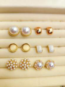 6 Pairs Unique Pearl Earrings, Luxury Vintage Enamel Cat Eye & Heart Shaped Stud Earrings