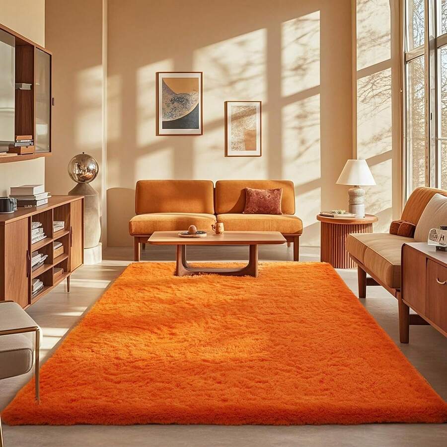 Large Shaggy Area Rug For Living Room & Bedroom – Stain-Resistant Fluffy Carpet With 1.4 In High Pile, Plush Aesthetic Throw Rug, Non-SIip Rubber Backing With 4 Anti-SIip Pads, Durable Edge Stitching – Cozy Minimalist Decor – Great Gift For New Year ! - Orange - View 1