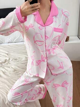 2-delat pyjamasset för kvinnor, bandrosétryck med långärmad krage och topp och byxor, damsovkläder för alla årstider