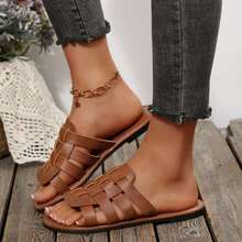 Comfy Flats Slides Women Summer Outdoor Walking Travel Sandals Shoes Round Toe Braided Dressy Closed Toe Woven Vacation Mules - 棕色 - 查看 6