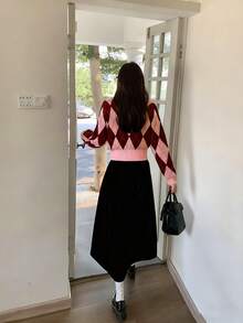 Women's Elegant Chic Minimalist Daily Commute Colorblock Diamond Plaid Single-Breasted Round Neck Long Sleeve Cropped Knit Cardigan, Halloween, Thanksgiving, Party Knit Top, Graceful Women's Knit Top Pink - Pink - View 6