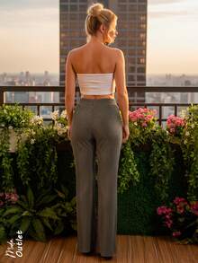 Pantalón de pierna ancha para mujer, elegante y casual, tela tipo pana de poliéster y spandex, apto para temporadas de primavera y verano. Ajuste de cintura natural con resorte ligero. Interior suave, fresco y ligero. Estampado de líneas verticales. - Beis - Ver 3