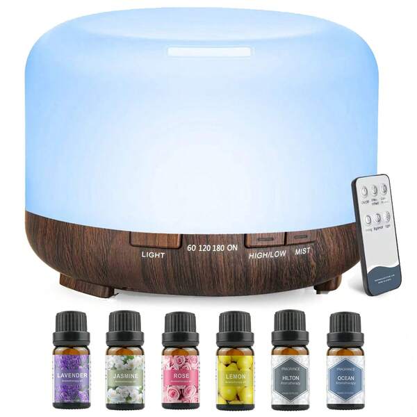 1 pièce Diffuseur d'aromathérapie de 500 ml alimenté par USB 5V 2A, avec motif bois. Diffuseur d'huiles essentielles conçu avec arrêt automatique (en cas d'épuisement de l'eau) et 7 couleurs d'éclairage d'ambiance, livré avec une télécommande. Convient pour la maison, le bureau, le spa et l'aromathérapie