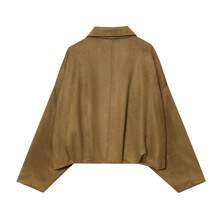 Women's Regular Faux Suede Long Sleeve Single-Breasted Loose Casual Jacket, Suitable For Spring Wear Women's Pocket Metal Button Short Military Green Jacket, Suitable For Spring And Autumn Wear - Brown - View 5