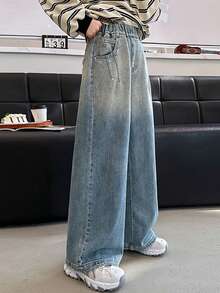 少女休闲水洗渐变铆钉阔腿牛仔裤 - 藍色 - 查看 1