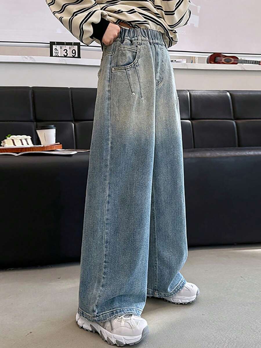 少女休闲水洗渐变铆钉阔腿牛仔裤 - 藍色 - 查看 1