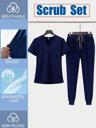 Men's Elastic V-Neck Work Uniform Set, Including Elastic Cuff Pants And Pockets, Doctor Workwear