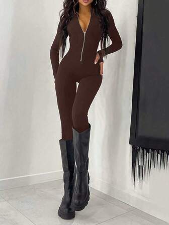 Casual Fashion Front Zipper Design Skinny Curve-Hugging Jumpsuit, New For Autumn/Winter