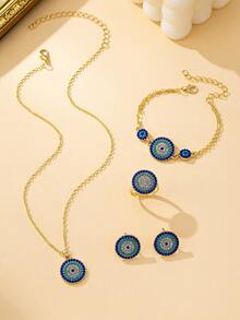 1 Set Bohemian Style Geometric Round Evil Eye Inlaid Faux Turquoise & Glass Gem Women Charm Jewelry Set, Suitable For Daily Wear - Multicolor - View 4