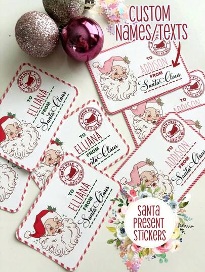 12/24/48 Gepersonaliseerde kerststickers, roze kerstman naamlabels, vrolijke feestdagen labels, cadeaulabels voor kinderen, makkelijk te verwijderen stickers, cadeau-inpaklabels, kerststickerset, kerstgroeten, stickers voor snackverpakkingen (aanpasbare tekst), feestdecoraties, gepersonaliseerde cadeaulabels voor jongens en meisjes, feeststickers voor enveloppen, leuke kerstdecoraties en feestartikelen voor kinderen, feestkalender