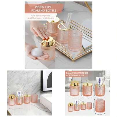 Pink Glass Bathroom Accessories Set With Foaming Soap Dispenser, 4Pcs Bathroom Counter Sink Toothbrush Holder Set Includes Foaming Hand Soap DispenserTumblerToothbrush HolderCotton Swab Jars