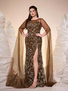 Amber Kate, Neuankömmling, Rundhalsausschnitt, transparent, bestickter Spitze, Perlenbesatz, Applikation, Rüschenärmel, Bodycon, Schlitz, hochwertiges Abendkleid, geeignet für: Ball, Hochzeit, Party, Hochzeitsgast, formelles Dinner, braunes Kleid - Kaffeebraun - Übersicht 3