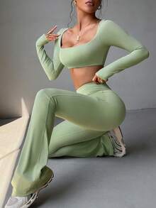 Bộ đồ thể thao nữ Aoqta 2 món phong cách thường ngày, áo crop top dài tay có đệm ngực và quần legging ống đứng, dùng cho yoga, chạy bộ, tập luyện, mặc hàng ngày - màu xanh lá - Xem 7