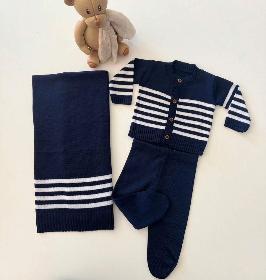 Knitted Baby Boy's Going-Home Outfit Set - Cardigan, Pants, And Blanket - 海軍藍/白色 - 查看 1