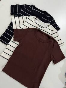 Kit 3 Women's Short Sleeve T-Shirt Blouse Plain And Striped Ribbed Cotton Long Basic - KIT 3 PLAIN BROWN - View 1