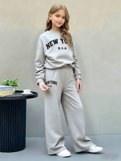 Tween Girls 2pcs/Set;N Color System For Teenagers. Solid Color Casual Letter Pattern Long Sleeve Round Neck Top Straight Leg Pants Set Girl's Clothing.