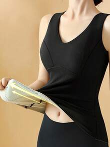 1 件纯色羊毛保暖内衣，女士圆领保暖背心，适合秋冬季 - 黑色 - 查看 4