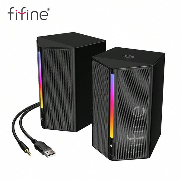 FIFINE Computer Speakers, PC Speakers For Desktop With RGB, Volume Control, Gaming Speakers USB Powered Wired With Bass Boost, Volume Control, Power On/Off, Controllable RGB, 3.5mm Aux Audio Cable For For Laptop Monitor Phone Tablet-FIFINE A20
