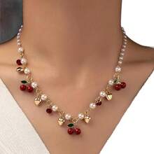 Sweet Cherry Pendant Necklace For Women, Unique Faux Pearl Heart Bead Chain, Clavicle Chain - 01金色 - 查看 5