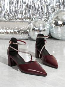 Pointed Toe High Heels, Rhinestone Decor, Elegant & Graceful For Banquet, Party, And Daily Work Wear, Fashionable Hollow-Out Pumps. Black High Heels, Red High Heels, Shiny Fashion Party High Heels. - Burgundy - View 6