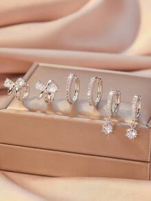 Set 6 cercei eleganți cu pietre multi-element și zirconiu din cupru, accesorii delicate și versatile pentru femei, pentru petreceri/întâlniri/cadouri