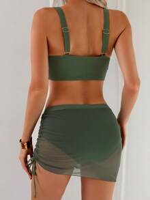 2025 New Bikini Set With Mesh Skirt, Cross-Border To Europe And America, Drawstring Waist Slimming Sexy Fitted Tummy Control Swimsuit, Beach Holiday Swimwear Vacation Summer - Army Green - View 2