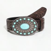 1pc Vintage Blue Agate Round Buckle Retro Coffee Floral Pattern PU Leather Belt - Blue Agate Brown - View 6
