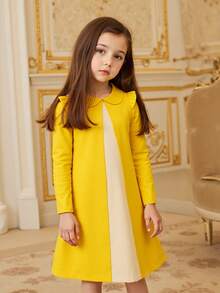 女童荷叶边肩长袖连衣裙，适合日常穿着、派对、度假和上学，春秋季 - 黃色 - 查看 4