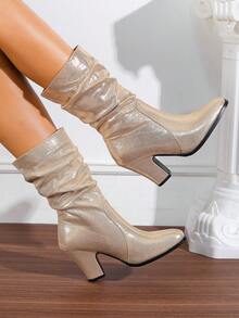 Chunky Heel Stacked Heel Round Toe Suede Slim Tall Boots For Women, New Autumn/Winter Mid-Calf Riding Boots With Fur - 金色 - 查看 2