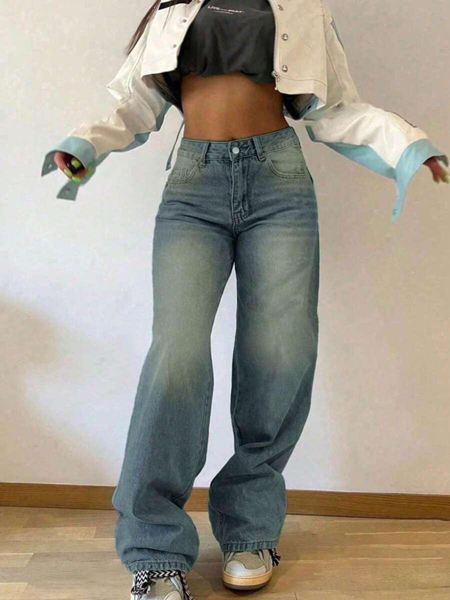 Quần jeans ống đứng dáng rộng cổ điển dành cho thanh thiếu niên - Rửa trung bình - Xem 1