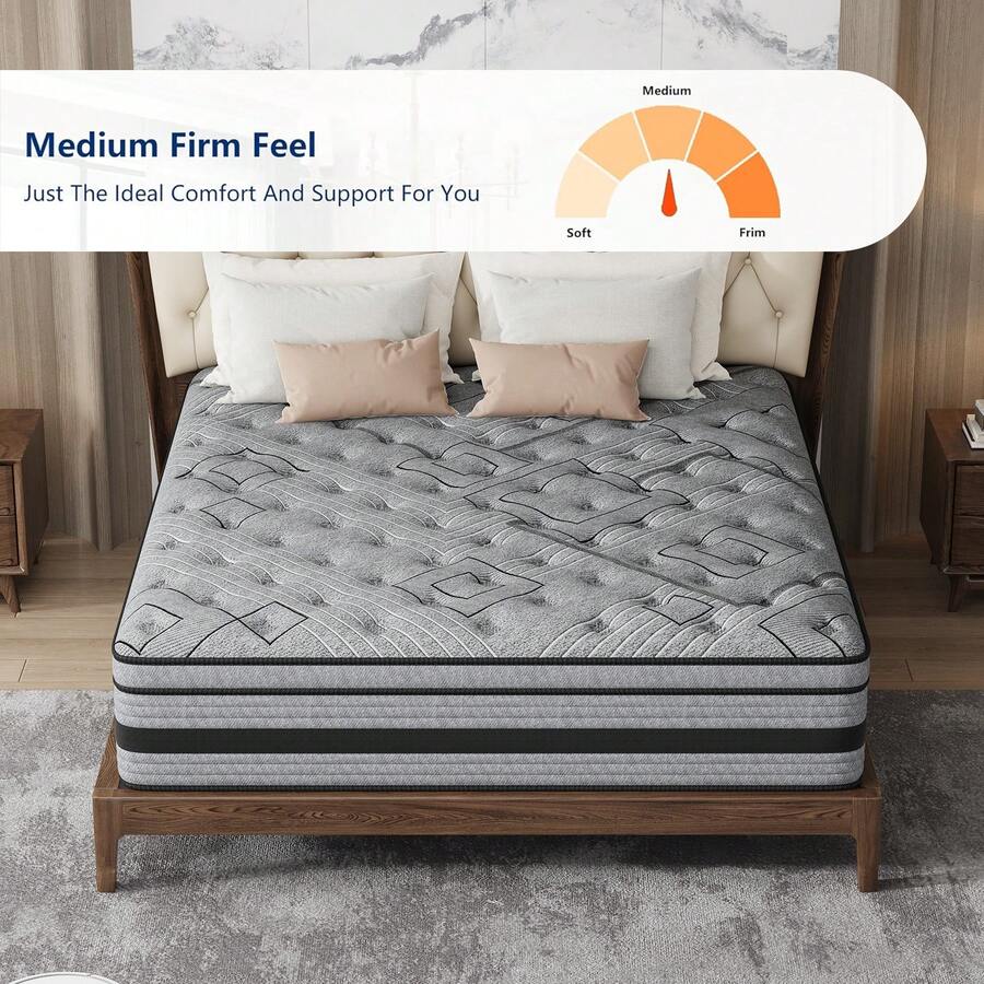 10/12/14 Inch Queen Hybrid Mattress With Cooling Gel Memory Foam & Zoned Pocket Coils - Pressure Relief & Motion Isolation, Breathable Bed In A Box, Medium-Firm Support, Cooling Technology For Hot Sleepers, Spinal Alignment, No Battery/Electricity-Free, Ideal For Couples & Heavy Sleepers, Durable Construction, Sleep Comfort, Supportive Sleep, Medium Firmness, Highquality Materials, Hot Weather Sleepers, Memory Foam Mattres, Mattres Double Bed, Mattres Single, Queen Size Mattress, King Size - 黑色 - 查看 1