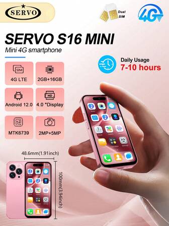 SERVO S16 Mini 智能手机，Android 12.0 系统，5MP+2MP 双摄像头，2GB+16GB 双卡双待，4.0 英寸显示屏，4G 网络，口袋大小的智能手机