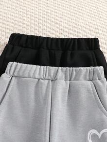 2 件套女孩心形印花松紧腰运动裤，春季时尚休闲慢跑裤