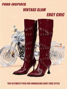 Sexy Women Knee High Boots Punk Buckle Kitten High Heels Boots Luxury Elegant Fashion Design Party Halloween Shoes - Màu Đỏ Sâu - Xem 1