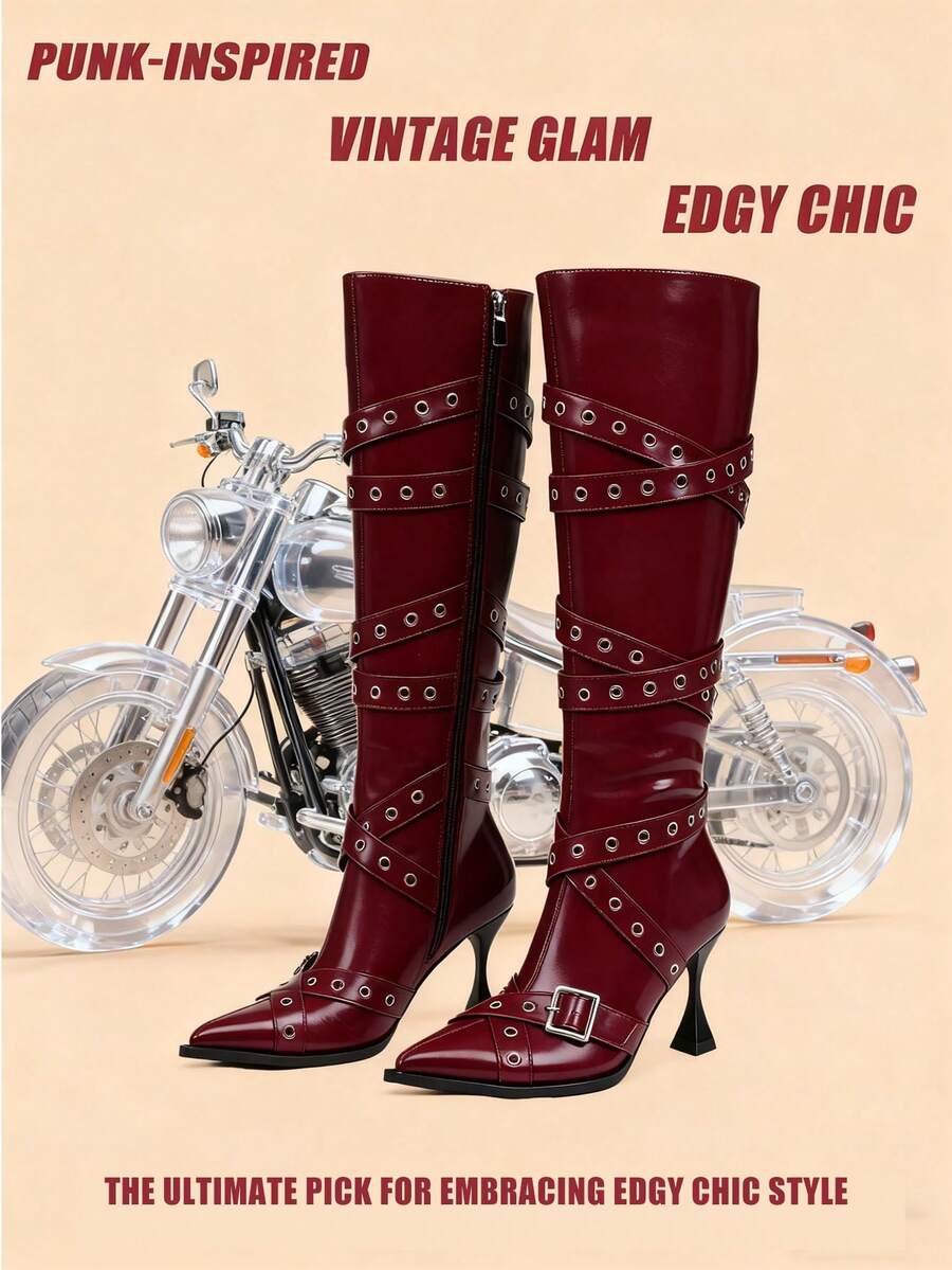 Sexy Women Knee High Boots Punk Buckle Kitten High Heels Boots Luxury Elegant Fashion Design Party Halloween Shoes - Màu Đỏ Sâu - Xem 1