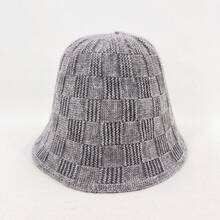1pc, Plain-Coloured Minimalist Casual Style, Knitted Bucket Hat Featuring Check And Stripe Designs. Winter Bucket Hat, Autumn Outdoor Accessory, Unisex Casual Headwear. Winter Gear