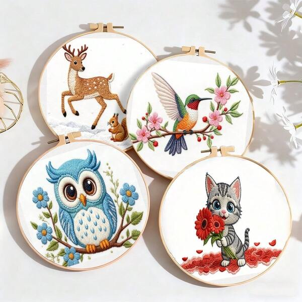 4pcs 7.87x7.28in DIY Embroidery Kit With Floral Pattern And Instructions, Includes Embroidery Hoop, Threads And Needles, Suitable For Beginners, Ideal Gift For Halloween/Thanksgiving/Valentine's Day/Christmas/Birthday