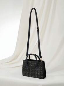 Clariva 时尚简约休闲格子图案双提手方形包，适合女孩、少女作为圣诞礼物 - 黑色 - 查看 2