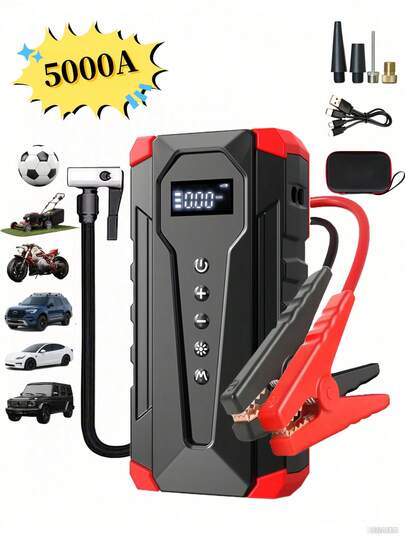 5000A峰值便携式汽车应急启动器，带空气压缩机、应急电池组、2.11加仑（汽油版）、1.72加仑（电池版）、150 PSI轮胎充气泵、12V汽车电池应急启动器、五合一功能、电池充电器