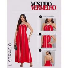 Women's Premium Striped Halter Neck Long Dress With Tie Detail H-13 - Rojo - Ver 2