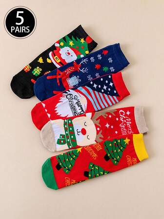 5 Pairs (Random Colors) Christmas Socks For Couples, Santa Claus, Snowflake, Reindeer Cute Cartoon Christmas Mid-Calf Socks, Autumn/Winter