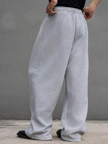1件青少年男童休闲宽松舒适户外运动纯色抓绒针织直筒阔腿涤纶裤，春/秋/冬 - 淺灰色 - 查看 6