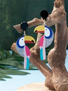 1pair Fashionable & Eye-catching Acrylic & Colorful Bird Printed Drop Earrings For Women To Wear In Daily Life, Party And Banquet