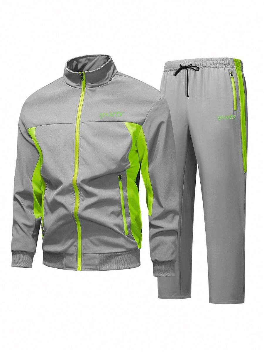 Pantalones con diseño de cuello alto de patchwork para hombres con bolsillos con cremallera, diseño de bloques de color, estampado de letras deportivas casuales, versátil para uso diario, ropa de otoño - Gris Claro - Ver 1