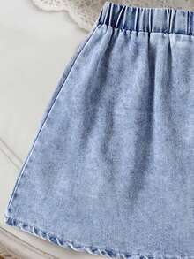 Tween Girl Cherry Pattern Embroidered Camisole And Denim Skirt Set - Blue - View 6
