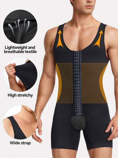 1 pieza Mono de control corporal de nailon sin costuras de unicolor para hombres, ligero y cómodo, control de abdomen, body moldeador