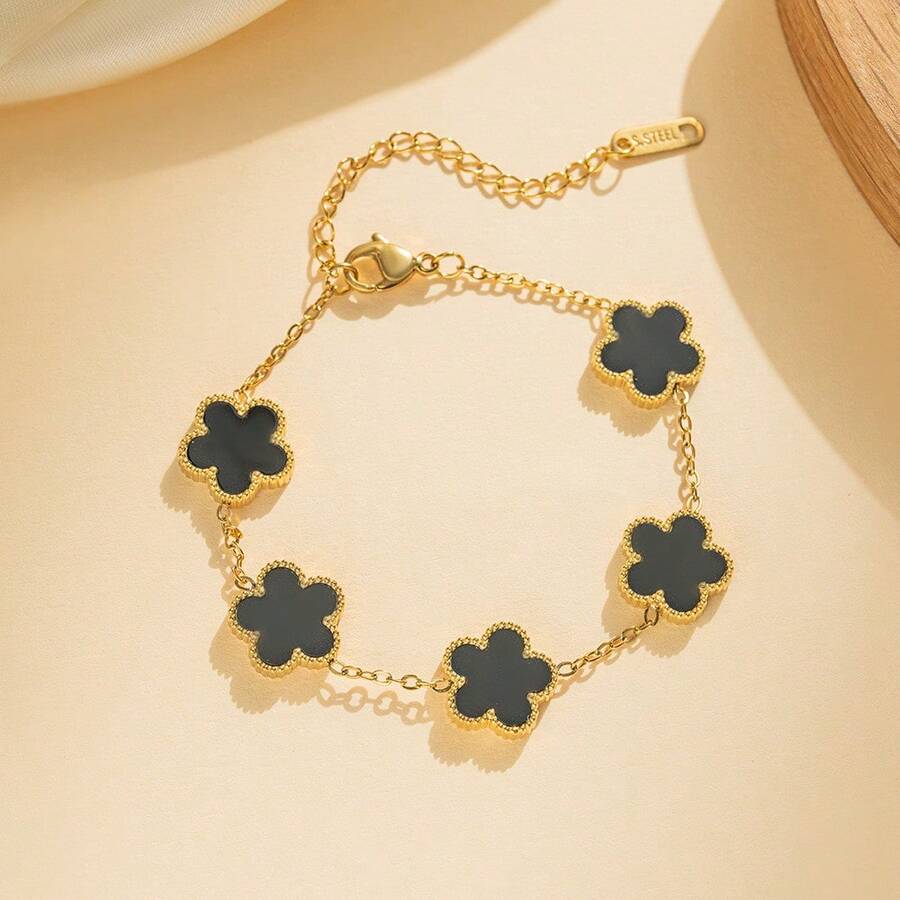 1Pcs Bracelet Hot  - Titanium Steel Lucky Grass Five-Leaf Flower Bracelet Women's Light Luxury High-End 18k Non-Fading Waterproof Stainless Steel Jewelry - Vòng tay cỏ ba lá đen - Xem 1